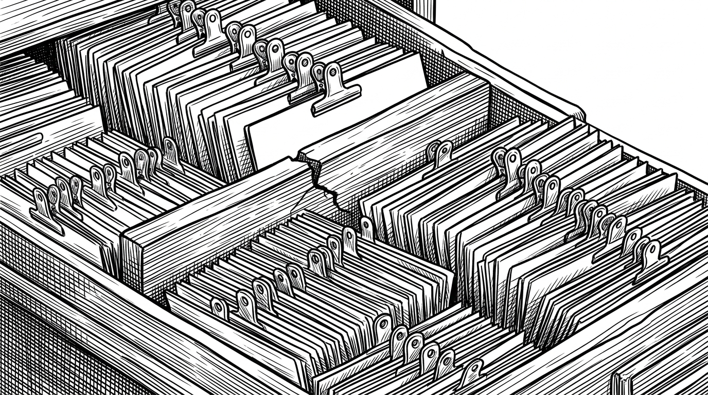 A close-up drawer filled with tightly packed submission cards, clamps, and stamped envelopes arranged by a careful archivist. The image explains that the repository preserves many competing recipes, not just one model checkpoint.
