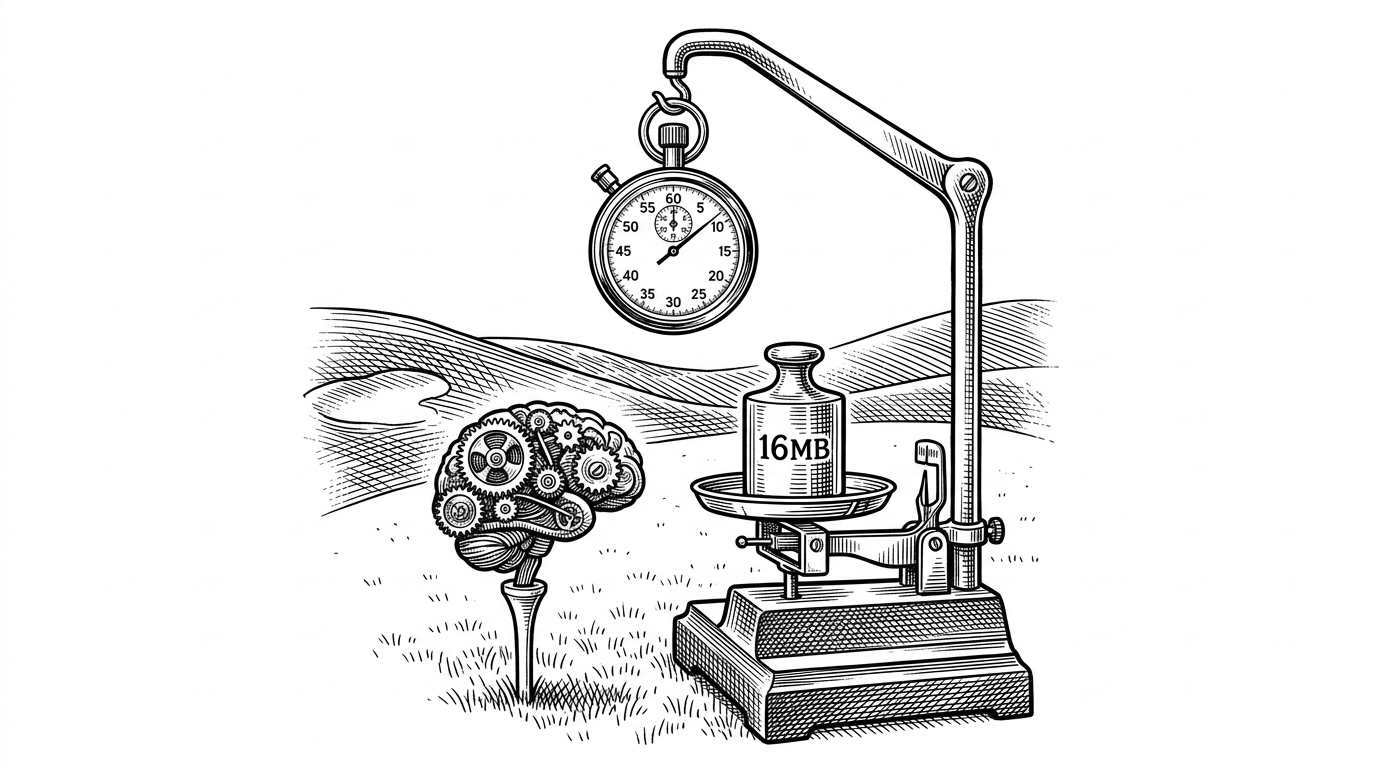 A golf-themed machine shop where a tiny mechanical brain is being weighed against a brass 16MB weight while a stopwatch ticks overhead. The scene explains that this repository treats model size and training time as hard constraints, not afterthoughts.