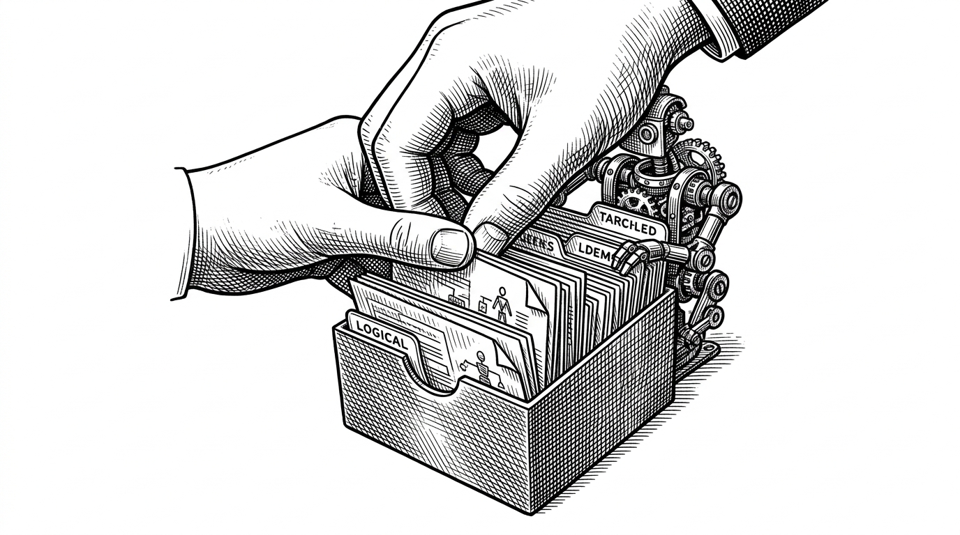 A close-up editorial illustration of a hand placing small rule cards into a tabbed index box. The box feeds a small mechanical agent figure, showing that expertise is being assembled from files rather than hidden inside a single prompt.
