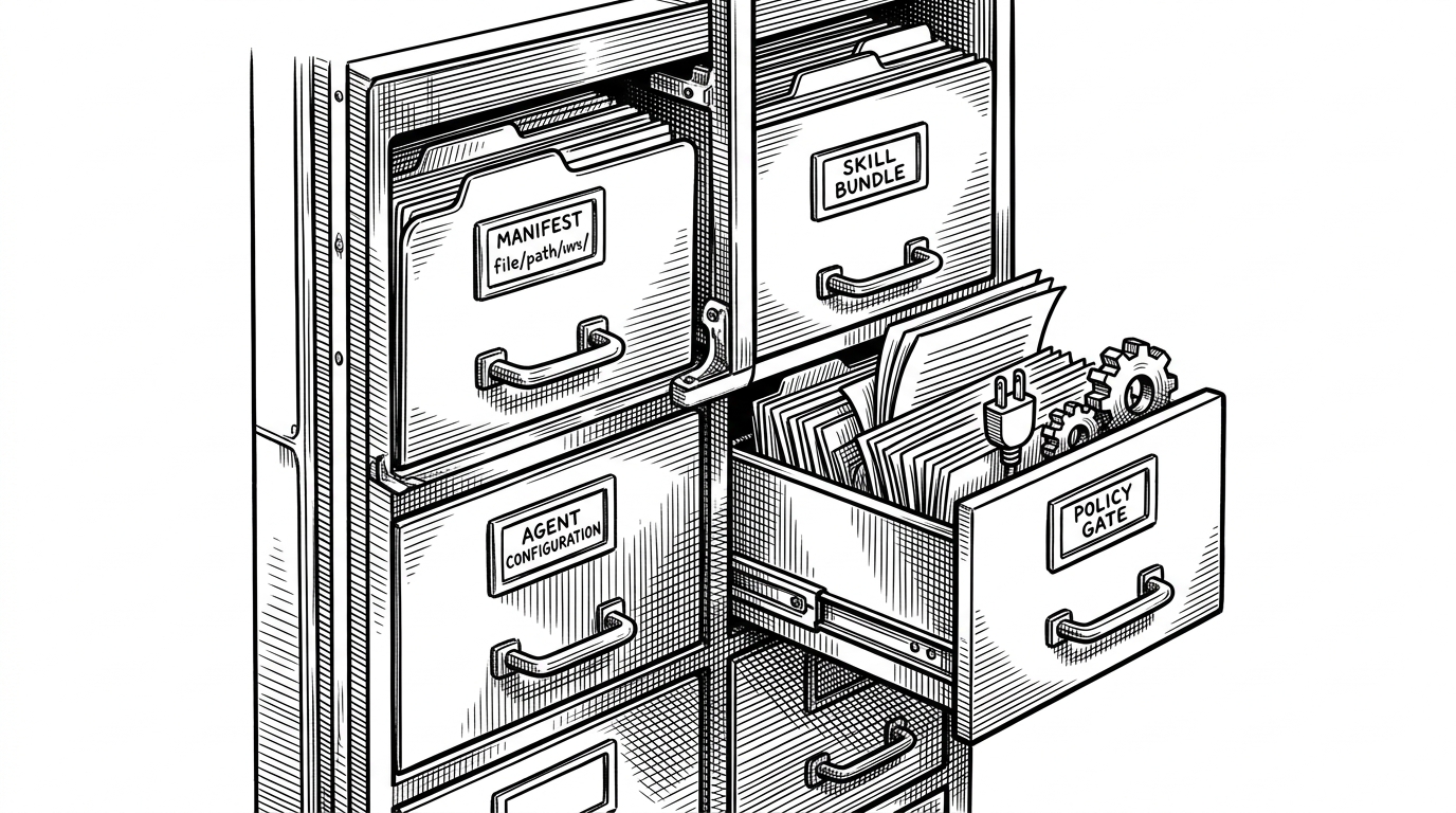 An ink illustration of a filing cabinet transformed into a software storefront for AI capabilities. It shows that the repository packages agent behavior as something you install and govern, not something you improvise.
