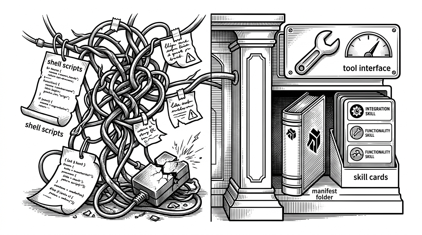 A split editorial illustration comparing two integration styles. The left side shows tangled cables, brittle scripts, and sticky notes, while the right side shows a clean plugin bundle with a manifest folder and neatly stacked capability cards.