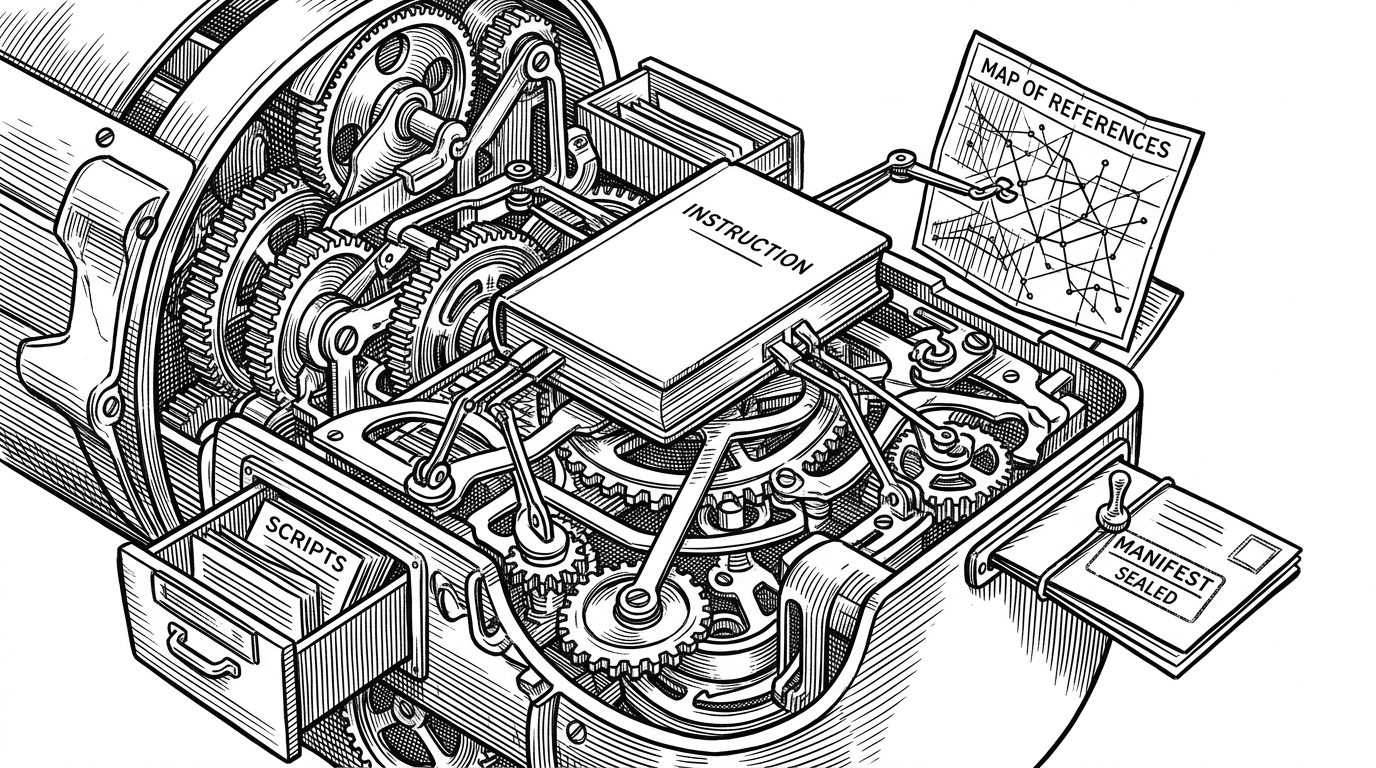 A close-up cross section of a skill package shown like a precision machine, with a central instruction booklet surrounded by reference pages, a manifest card, and a small tool drawer. The image explains how the repo separates policy, context, and executable action into distinct parts.