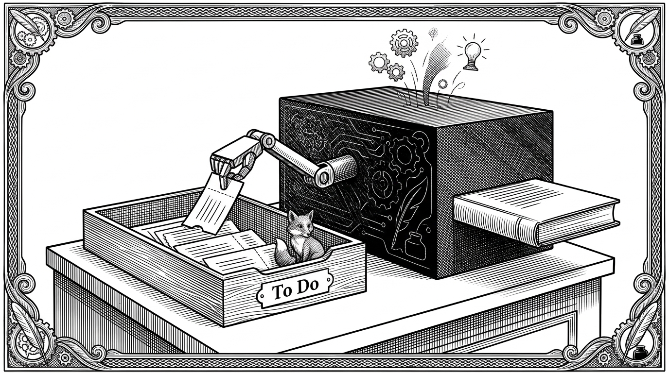 A mechanical arm taking a ticket from an inbox tray and depositing a bound manuscript on the other side.