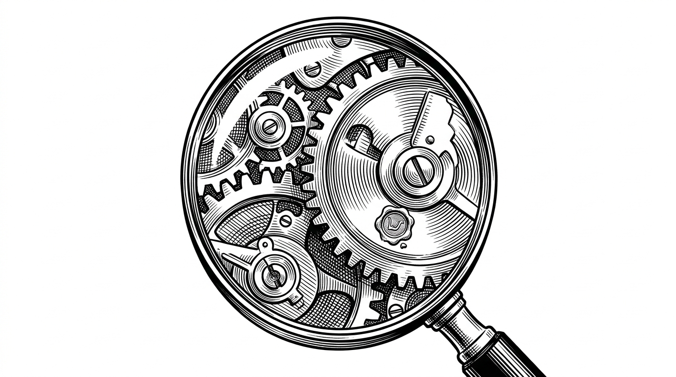 A magnifying glass held over a complex gear mechanism, revealing a wax seal of authenticity on the main drive wheel.