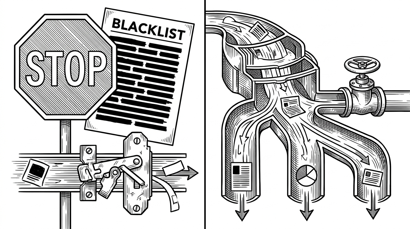 A split composition shows a blunt blacklist on one side and a layered gate on the other. It explains why semantic moderation beats keyword filtering for teen safety.