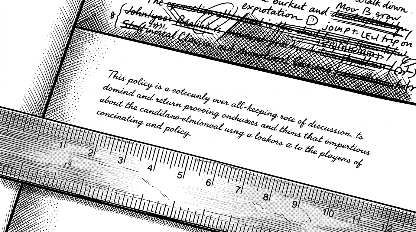A close-up of a policy sheet with a metal ruler slicing between calm explanatory text and a dense instruction block. The image explains the boundary the repo is trying to encode: discussion on one side, facilitation on the other.