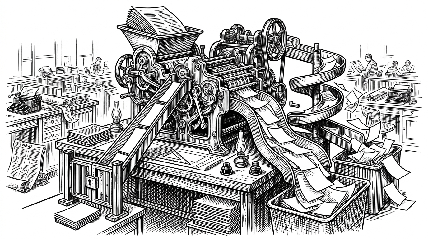 A stack of policy pages funnels into a mechanical sorter that stamps out different outcomes. The scene explains the article's main idea: teen safety here is treated like a spec that can be processed, labeled, and tested.