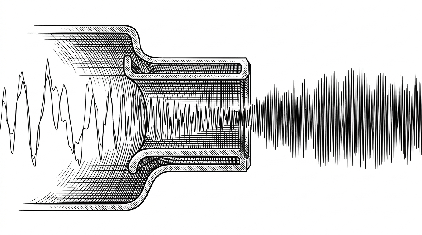 A close-up editorial illustration shows a rough acoustic strand entering a refinement chamber and exiting as a denser, cleaner wave. The left side looks thin and coarse, while the right side looks rich and tightly resolved. The image explains how VoxCPM’s asymmetric audio path can take lower-resolution reference audio and produce a higher-quality 48kHz output.