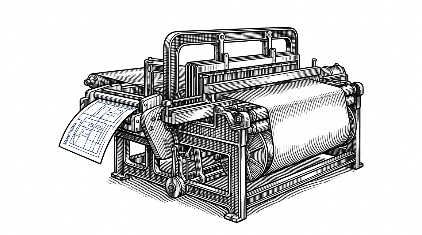 A mechanical loom processing a single master punch card to produce a perfectly uniform fabric, representing the transition from manual setup to automated infrastructure.