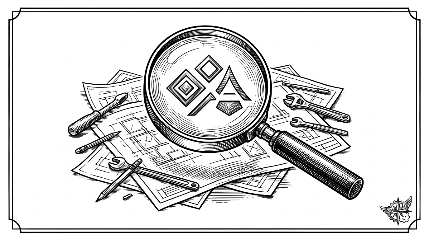 A high-tech magnifying glass hovering over a messy desk, resolving blueprints into clean, glowing icons.