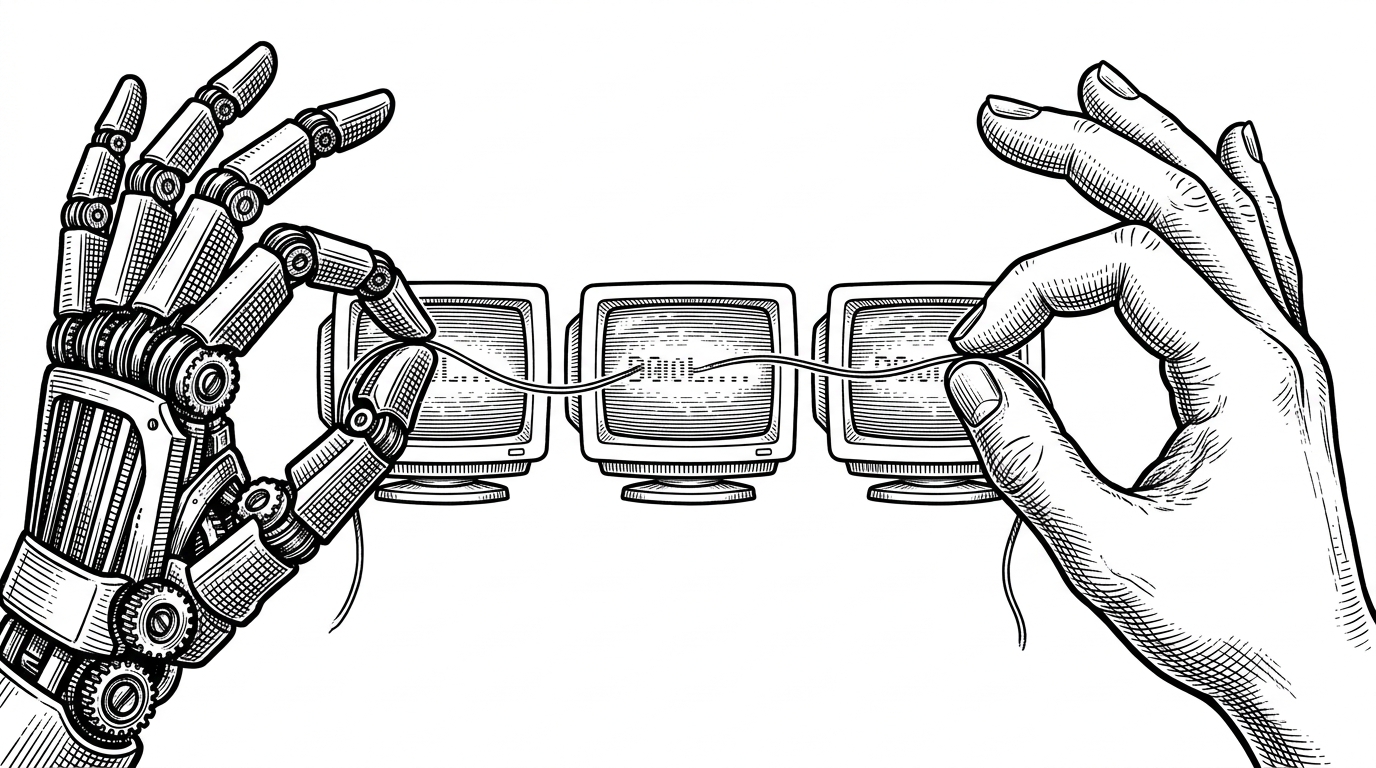 Two hands holding opposite ends of a glowing thread connecting multiple terminal screens, representing shared configurations.