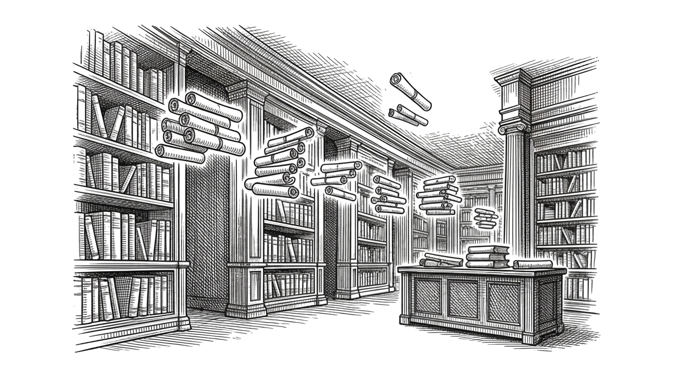 A sprawling, classical library where scrolls float in clusters based on their glowing colors, representing vector-based semantic search and intent grouping.