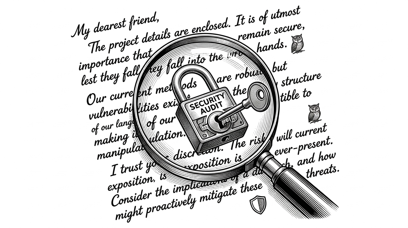 A magnifying glass hovering over a handwritten letter, where the text transforms into a complex mechanical lock and key.