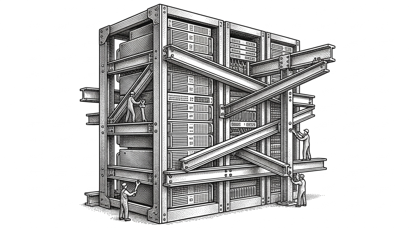 A large server rack where cables are rigid steel I-beams, representing type-safe structural guarantees.
