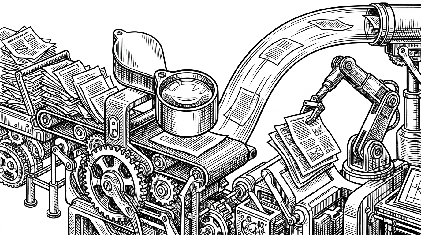 A complex clockwork sorting machine where simple paper pages fly through a high-speed pneumatic tube, while complex pages are gently lifted by a robotic arm for inspection.