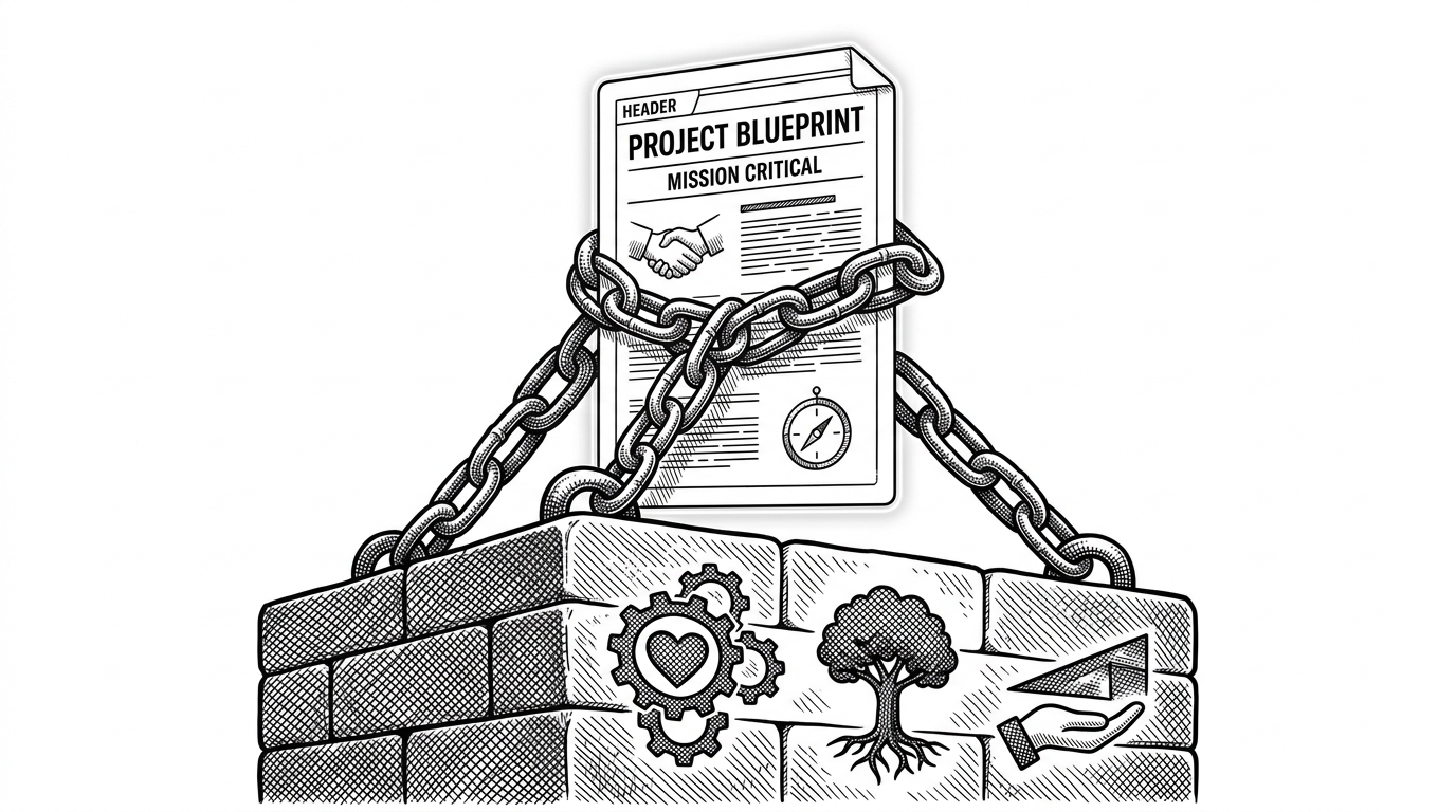 A digital document being anchored to a solid foundation made of structural blocks, representing stability and accessibility.