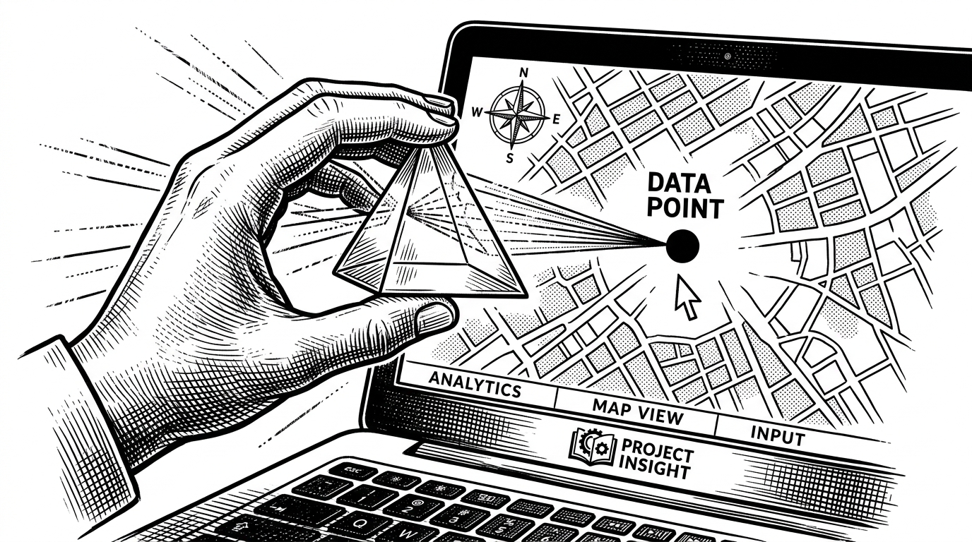 A scientist's hand holding a glass prism over a laptop screen, focusing a rainbow of scattered light into a single sharp data point on a digital map.