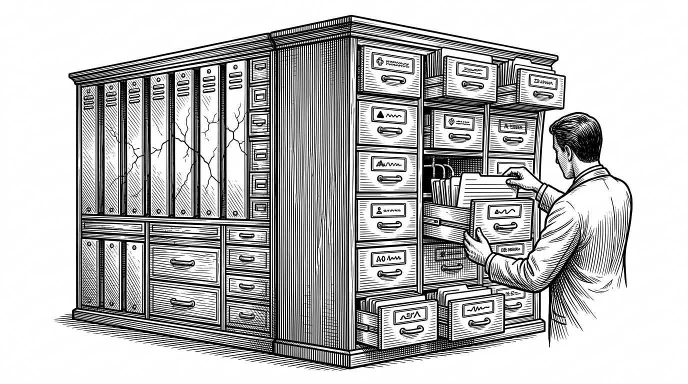 A close-up of a semantic cabinet of drawers that can be relabeled and rearranged. One side shows rigid database columns cracking under a new clinical requirement, while the other shows a flexible concept cabinet accepting a new card and routing it into a patient record. The image explains how OpenMRS uses metadata to represent clinical meaning without constant schema rewrites.