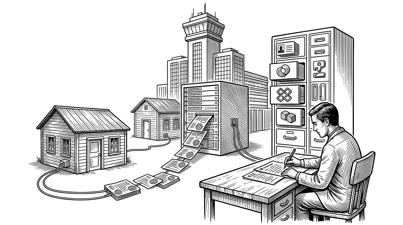 A rural clinic networked to a larger health system through a central medical kernel. A clinician works at a desk while modular drawers, plugs, and linked patient cards suggest a platform that routes identity, concepts, and sync across disconnected sites. The image explains that OpenMRS Core behaves less like a finished app and more like a shared operating layer.