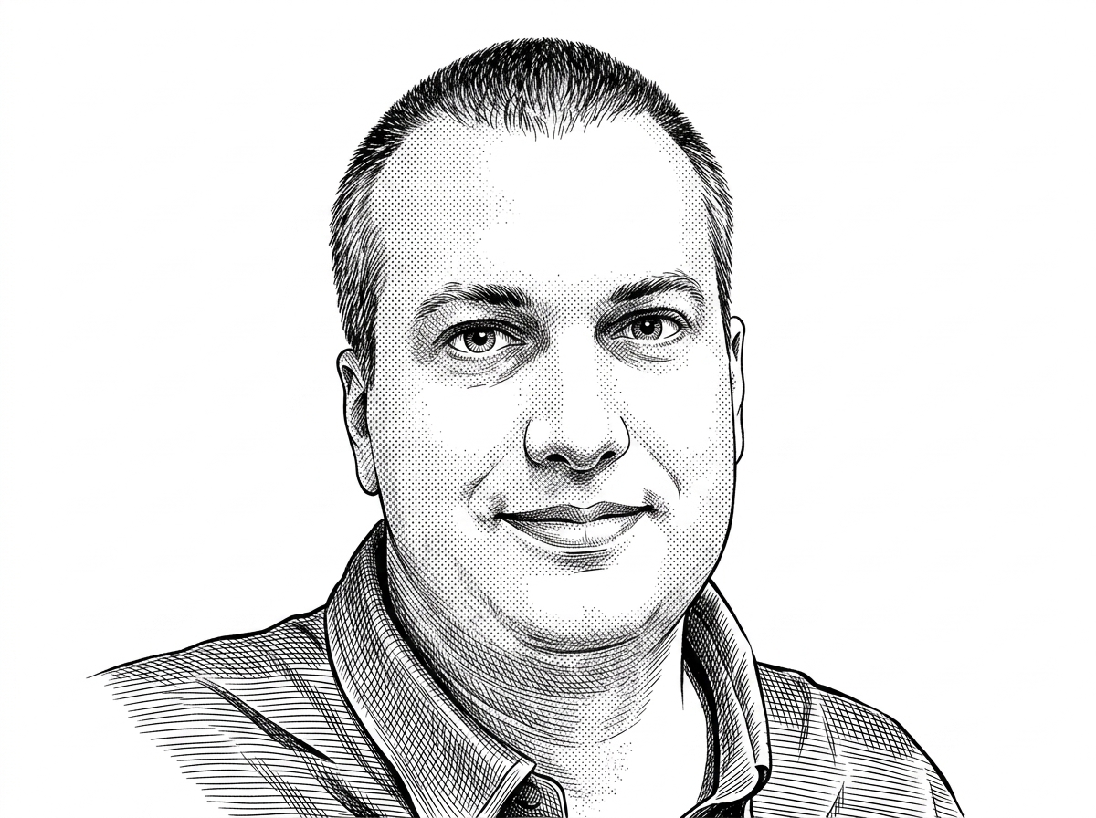 A WSJ-style hedcut portrait of Damien Garros, based on his verified GitHub avatar. It identifies the founder behind Infrahub and anchors the product’s origin story in a real person rather than a faceless platform.