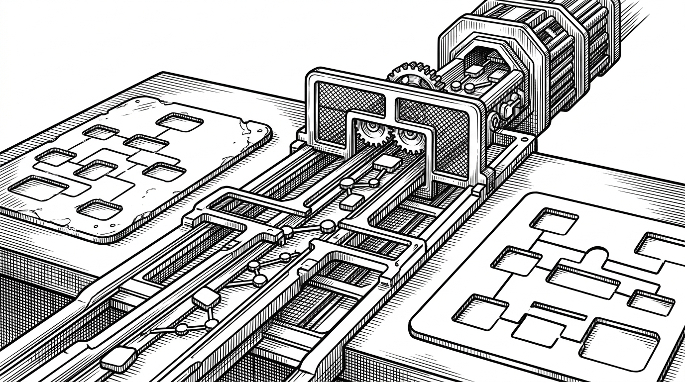 A close-up black-ink illustration shows a merge workbench with two schema stencils facing each other. Small labeled node shapes travel through alignment rails toward a validation gate and then into a bundled merge chamber. It explains how Infrahub reconciles data changes across schema versions instead of only comparing text diffs.