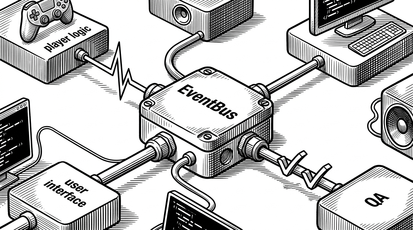 A close-up editorial illustration of a central EventBus hub with clean lines branching outward to player, UI, audio, and QA modules. The image explains why the project rejects direct imports in favor of message passing through a single hub.