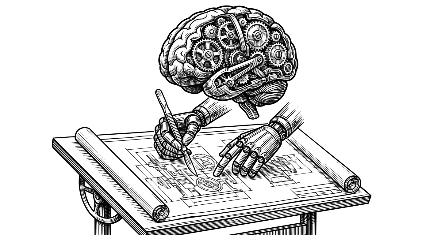 A mechanical brain with precise robotic hands holding a scalpel over an intricate blueprint.