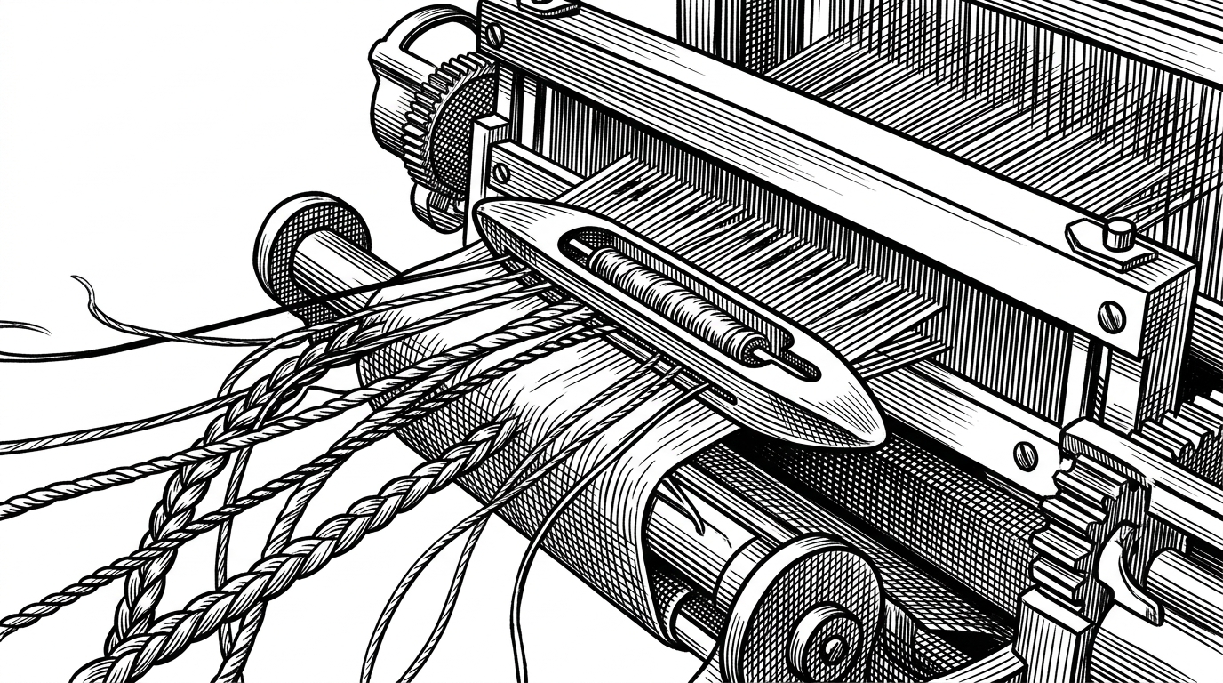 A close-up of a mechanical loom weaving different types of thread into a single fabric.