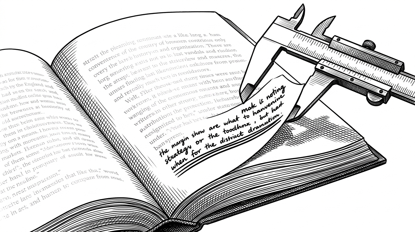 A close-up illustration of a physical book where printed text is faint, while handwritten margin notes are bold and being lifted off the page by a mechanical tool.