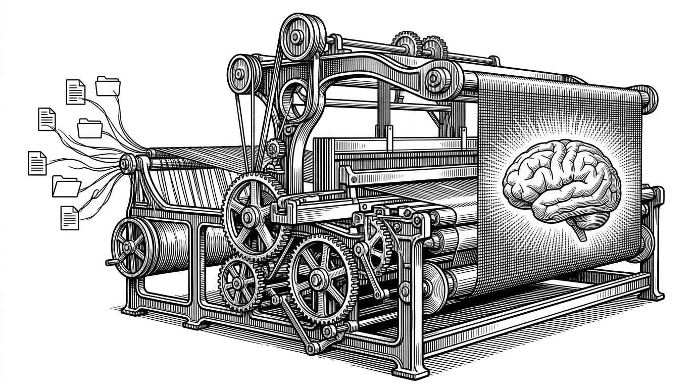 A wide-angle illustration of a massive, complex loom weaving raw threads representing PDFs into a structured tapestry representing an AI notebook.