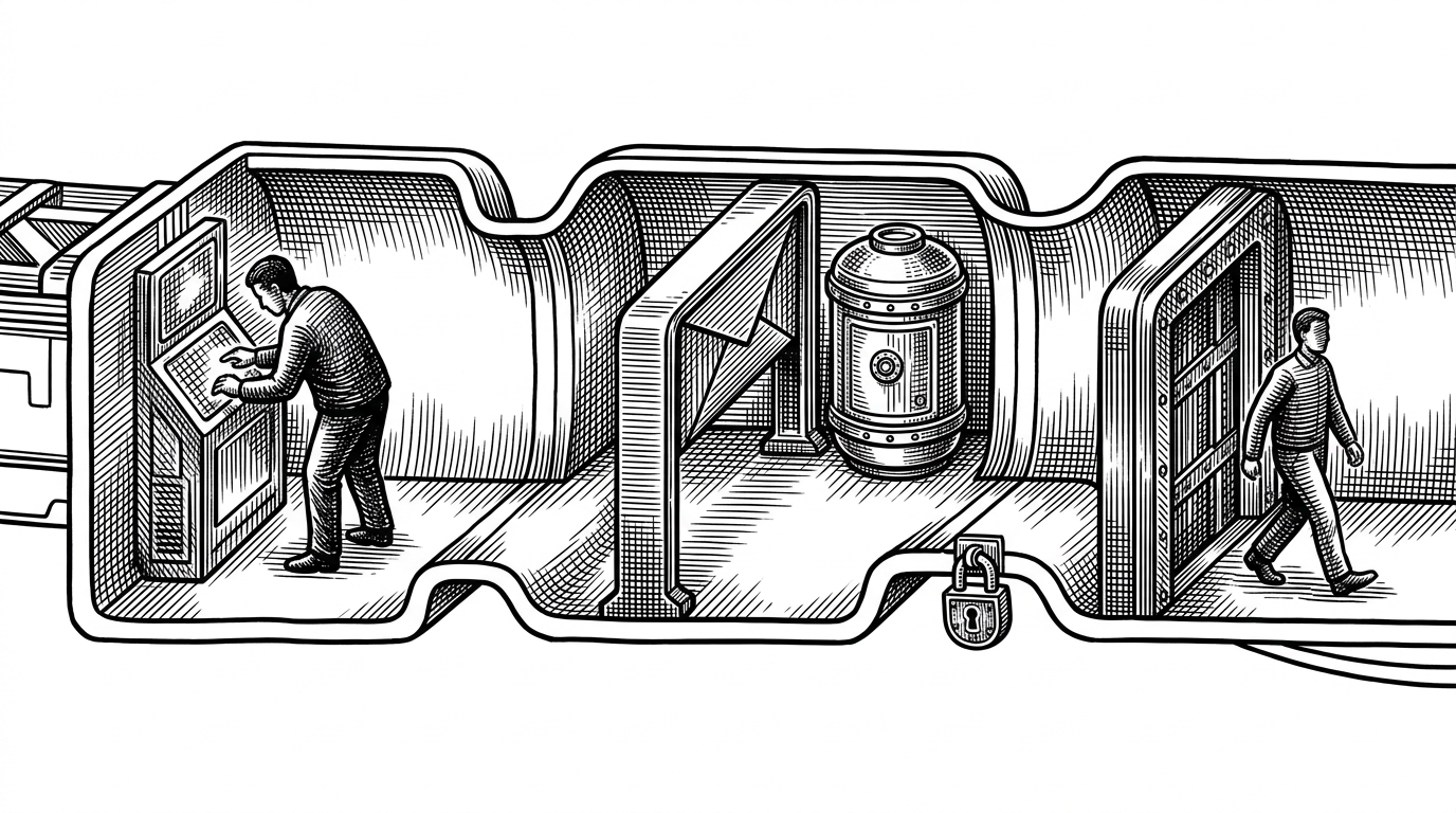 A close-up editorial scene shows a narrow corridor split into three chambers. A user begins a login step in the first chamber, pauses at an email checkpoint in the middle, and resumes in the last chamber through a continuity capsule. A small lock sits beside the passage to suggest that state is preserved without allowing identity confusion. The image explains how Kratos can safely pause and resume flows across redirects.