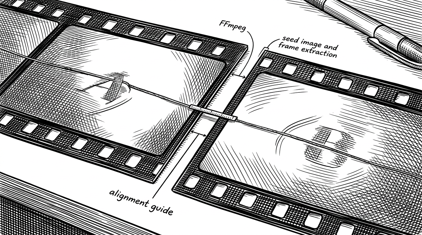 Two adjacent video frames sit on a workbench while the boundary between them is measured and copied forward. A thin ruler-like thread connects the last frame of one clip to the first frame of the next. The image explains how the pipeline preserves visual continuity by recycling exact boundary frames as generation seeds.