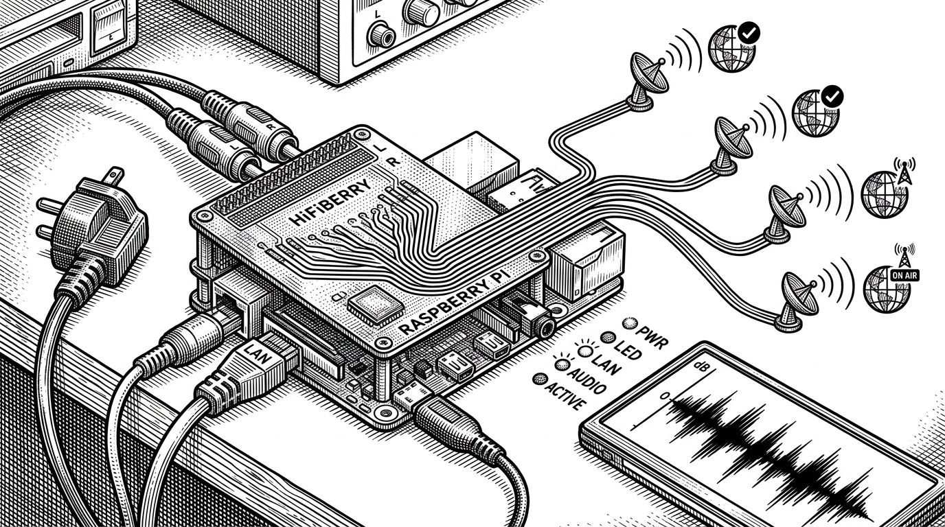 A Raspberry Pi sits on a studio desk beside an audio interface, with one captured signal splitting into multiple routed paths toward live destination nodes. Small meters and status lights suggest a machine built for unattended broadcast work rather than a hobby setup. The scene explains how a single input can become a managed distribution system.