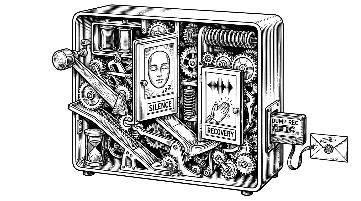 A close-up mechanical relay with two doors, one for silence and one for recovery, shown as a calibrated mechanism rather than a flashing alarm. A small cassette-like diagnostic attachment suggests that the system can preserve evidence of what happened before the alert. The image explains why hysteresis makes silence detection trustworthy.