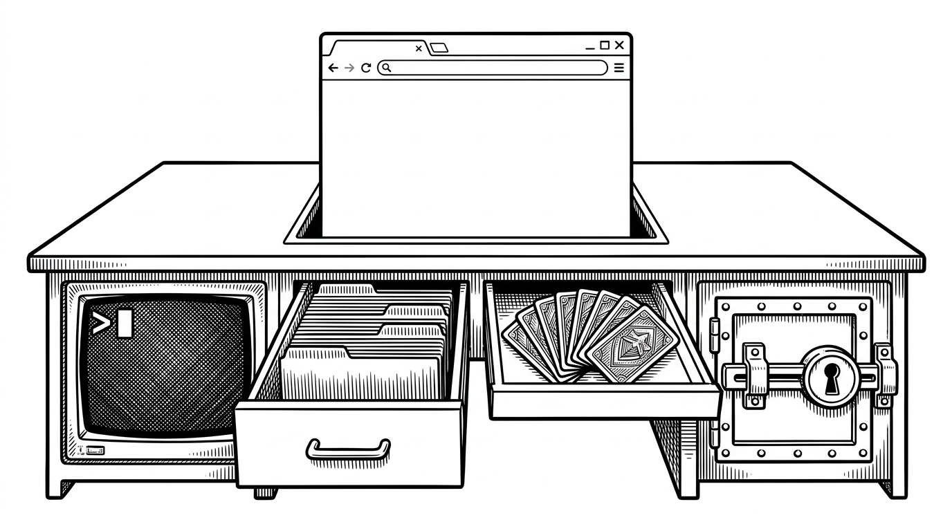 A wide editorial scene of a plain browser window sitting on a desk like a workstation console. The surface looks familiar at first, but drawers beneath it open into a terminal, a memory ledger, skill cards, and a locked execution compartment, showing how the workspace becomes more capable when the backend supports Hermes features.