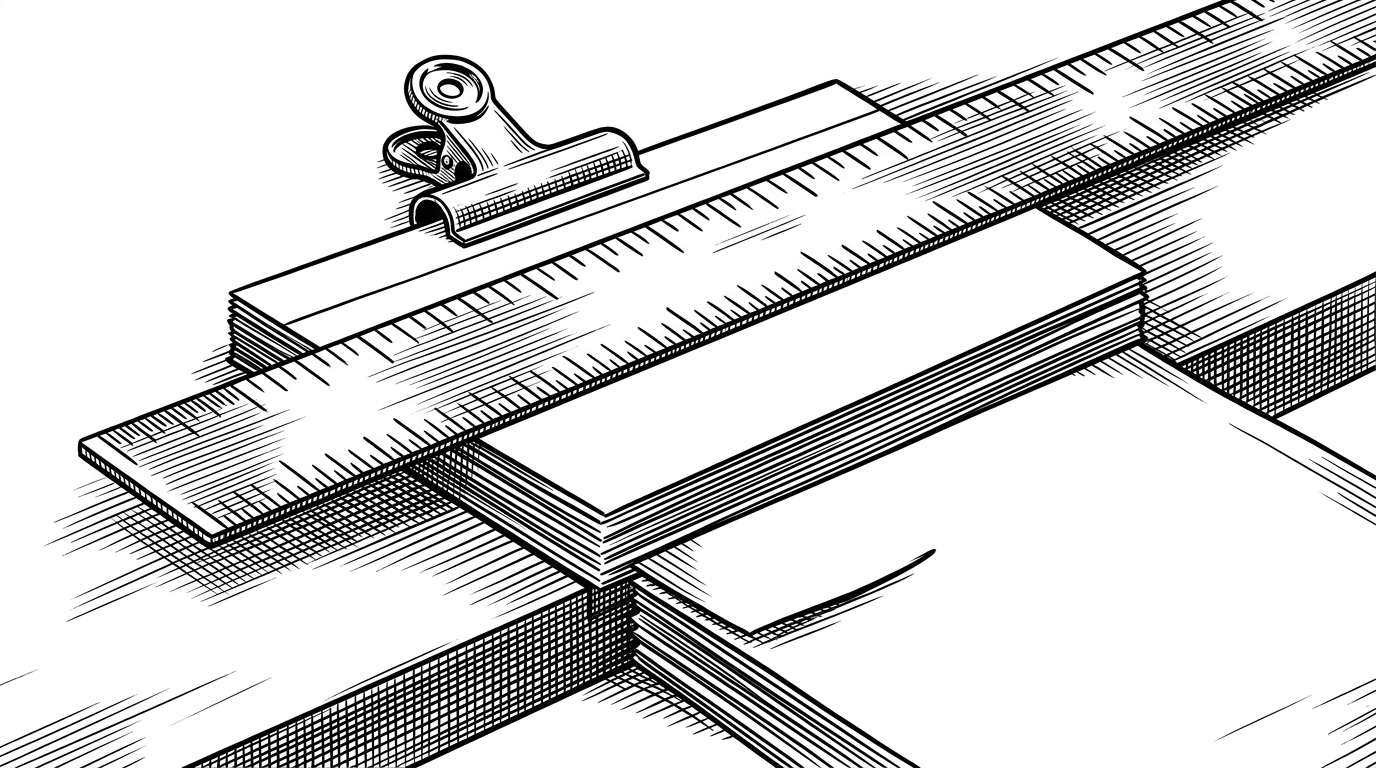 A close-up editorial scene of a ruler and brass clamp holding a stack of index cards steady while new cards slide in underneath. The image explains how a streaming interface can keep updating without stealing the reader's focus or jumping the page.