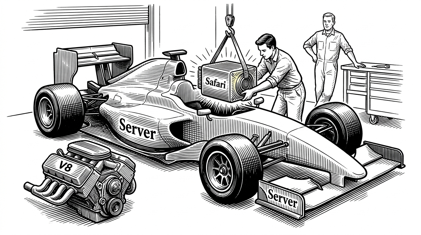Mechanics in a garage lowering a compact, glowing core into a chassis labeled 'Server', while a larger, heavier engine sits discarded nearby.