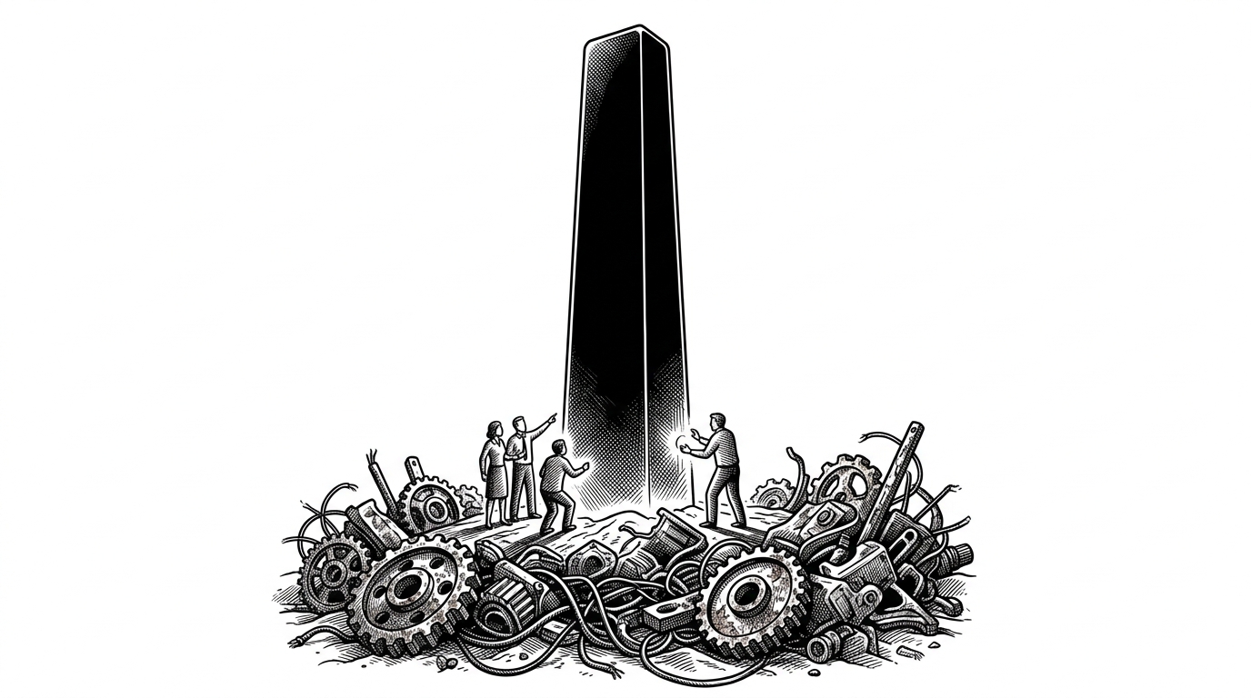 A massive, sleek, monolithic obsidian pillar rising out of a desert of scattered, rusted gears and tangled wires.