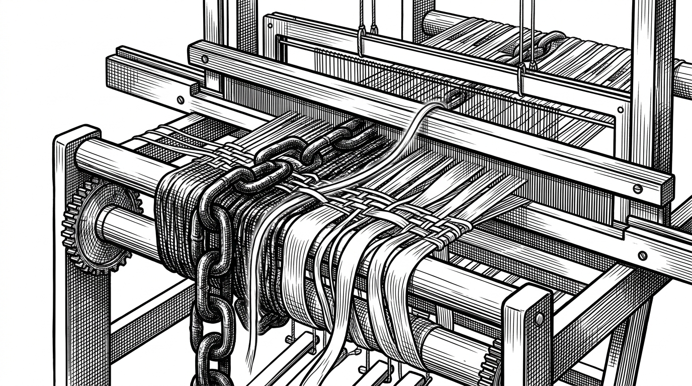 A close-up of a loom weaving a glowing silver thread tightly between heavy iron chains and delicate silk ribbons.