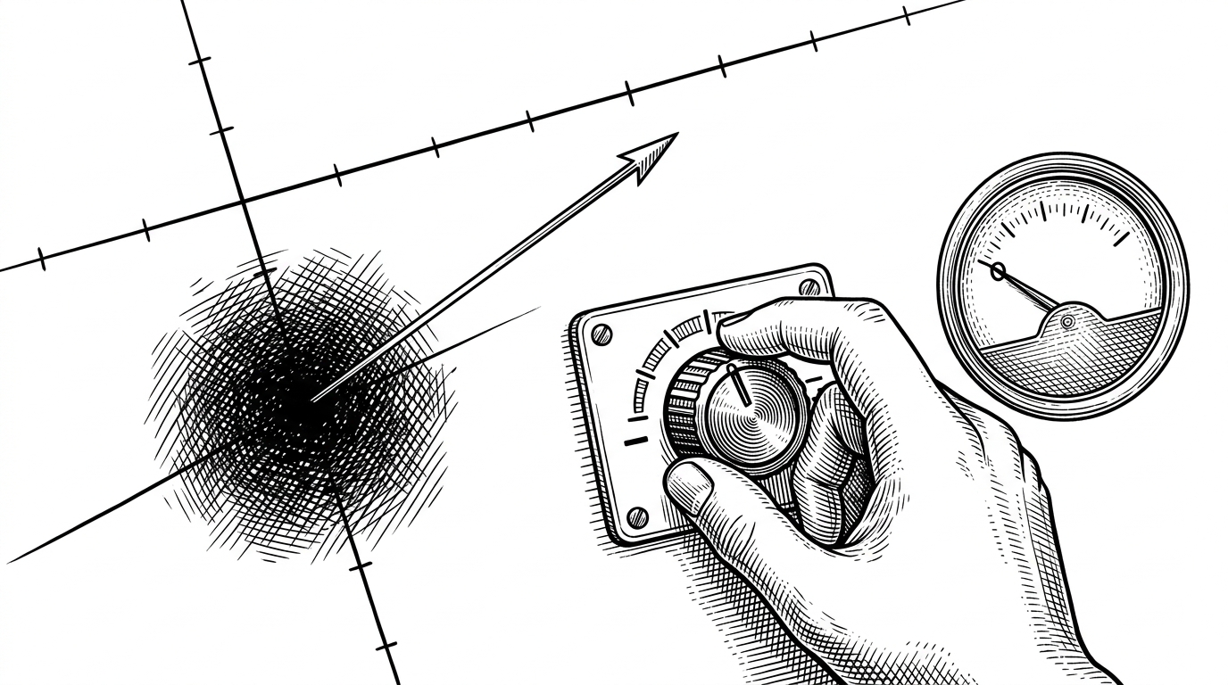 A close-up coordinate field with two dense clusters of points. One cluster is tight and dark, representing refusal behavior, while a thin arrow points away from it as a hand turns a small slider that controls subtraction strength. A second gauge stays near center, showing that the patch is being optimized to keep model drift low.
