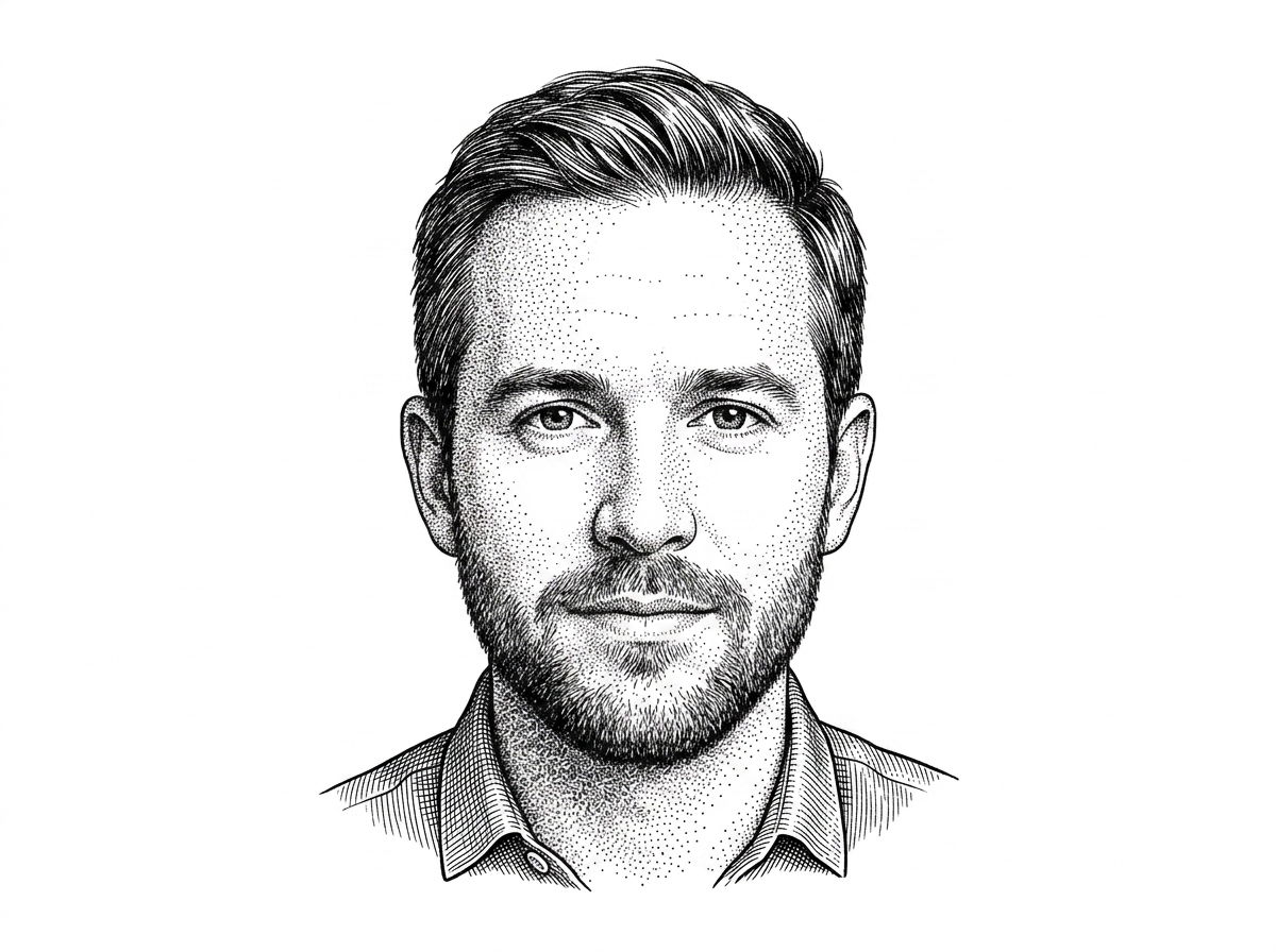 A hedcut-style portrait of the project creator p-e-w, based on the verified GitHub avatar. The portrait situates the article’s origin story without making the piece about personality.
