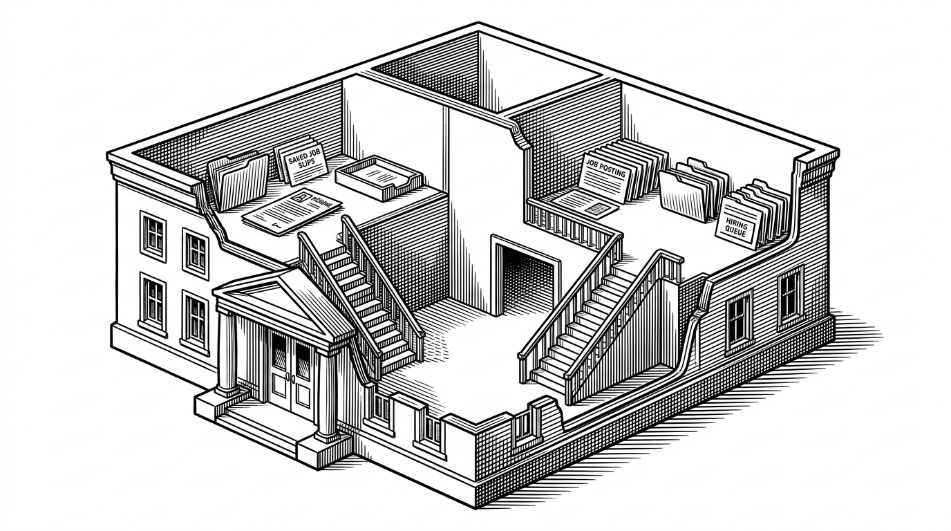 A single civic-style building with one front door marked login, then two staircases splitting inside. One side contains a job seeker desk with a résumé, saved listings, and a message tray. The other side contains a recruiter desk with job posts, applicant cards, and a hiring queue. It explains how one account can become two distinct workflows.