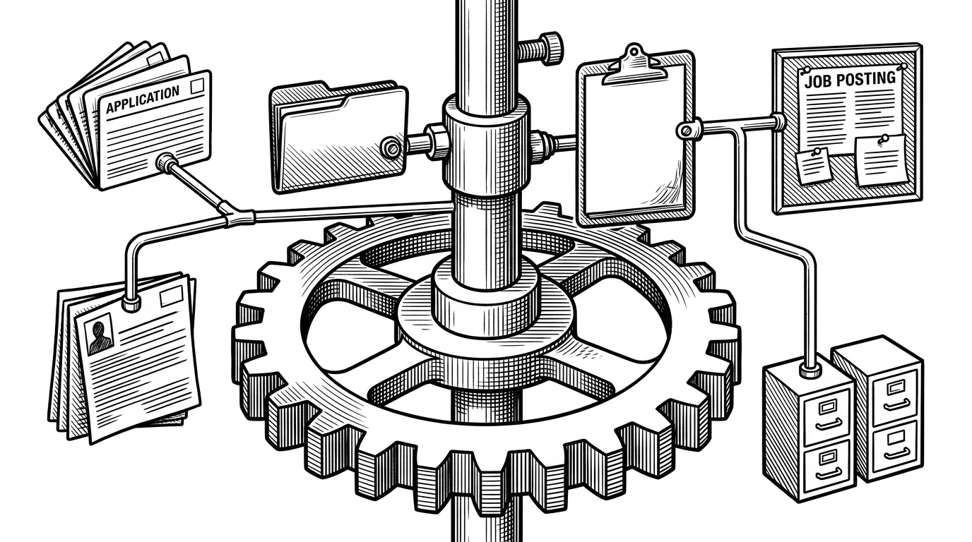 A mechanical close-up of a central Users gear with two profile plates bolted onto the same shaft. One plate represents a job seeker profile, the other a recruiter profile, and the shared shaft is marked by the same primary key relationship. Thin pipes branch outward to applications, job posts, and file folders. It explains how one identity can support multiple role-specific tables without duplication.