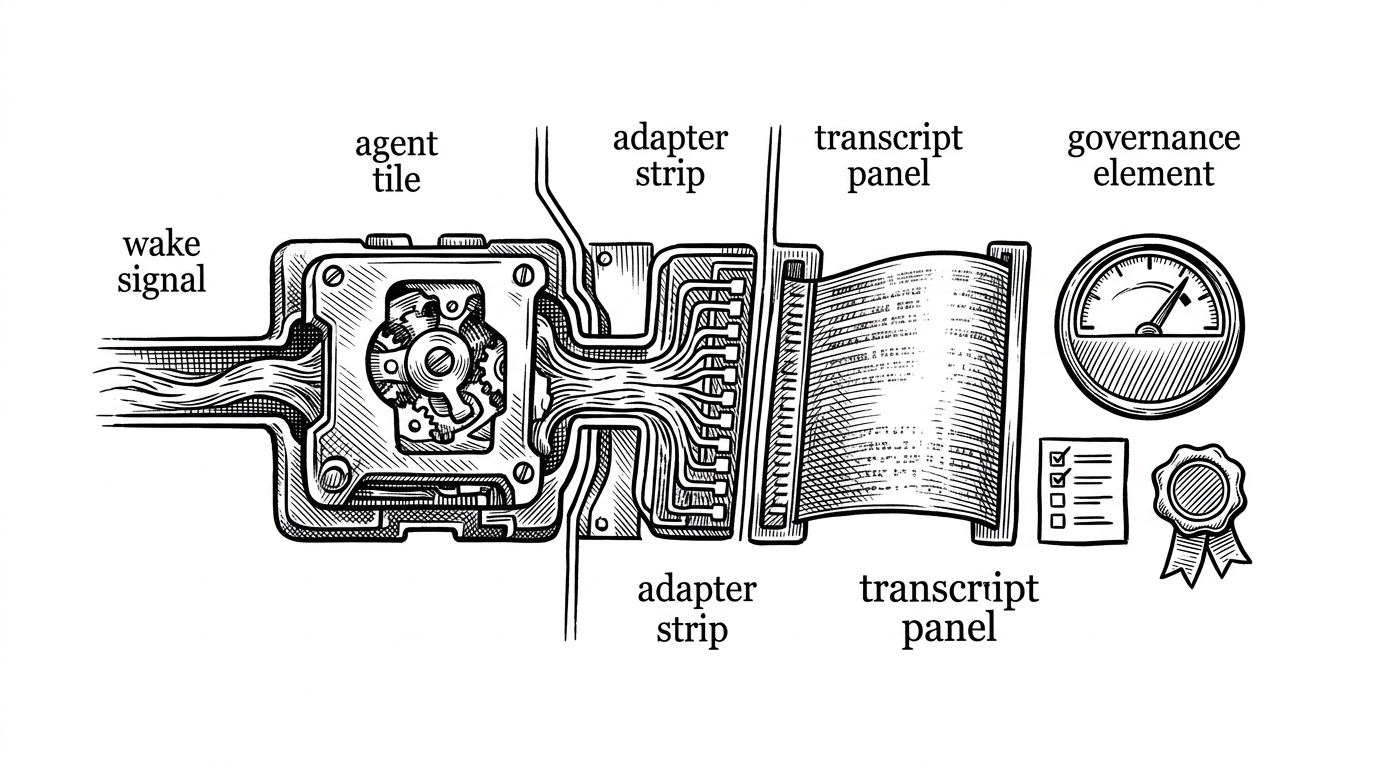 A close mechanical view shows an agent tile waking up, sending events through an adapter strip, and landing in a transcript panel beside a doctor check gauge. The scene explains how Paperclip turns runtime activity into observable and recoverable workflow.
