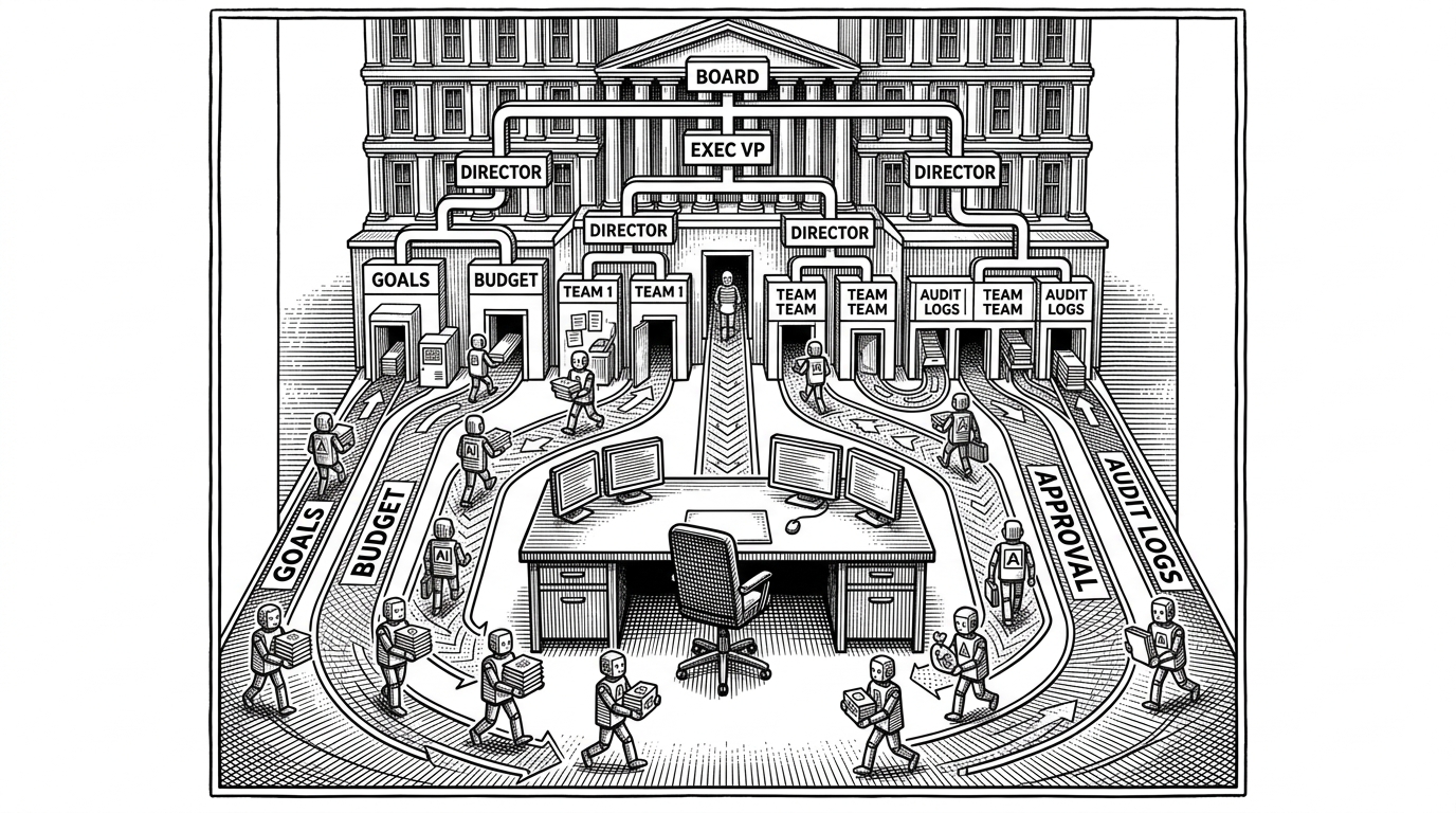 A wide black-ink editorial scene shows a central control desk inside a company headquarters, with an org chart rising above it like a building facade. Tiny AI workers move through lanes marked by budget, approval, audit, and goals, showing that the system manages an organization rather than a single task.