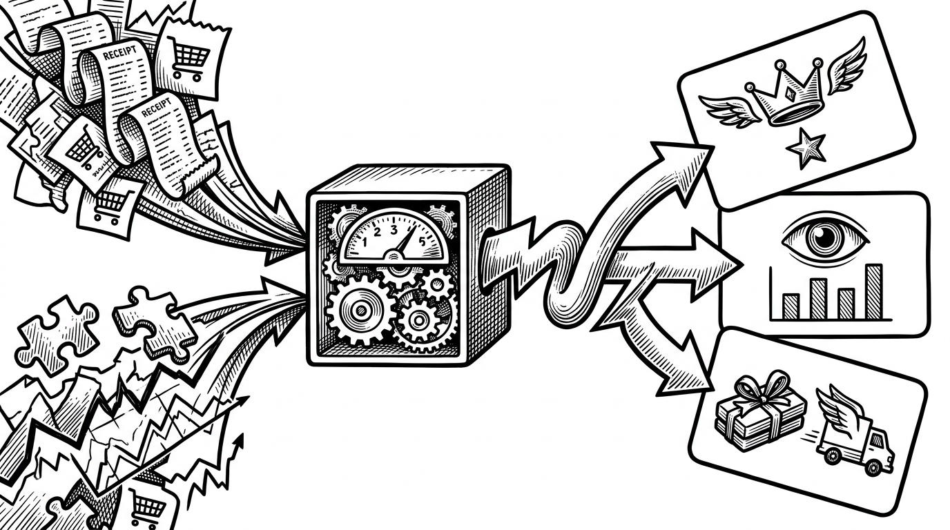 A close-up ink drawing of a single customer signal moving from left to right through a compact model box, then splitting into three action cards. The image explains how a probability becomes a business response instead of stopping as an abstract score.