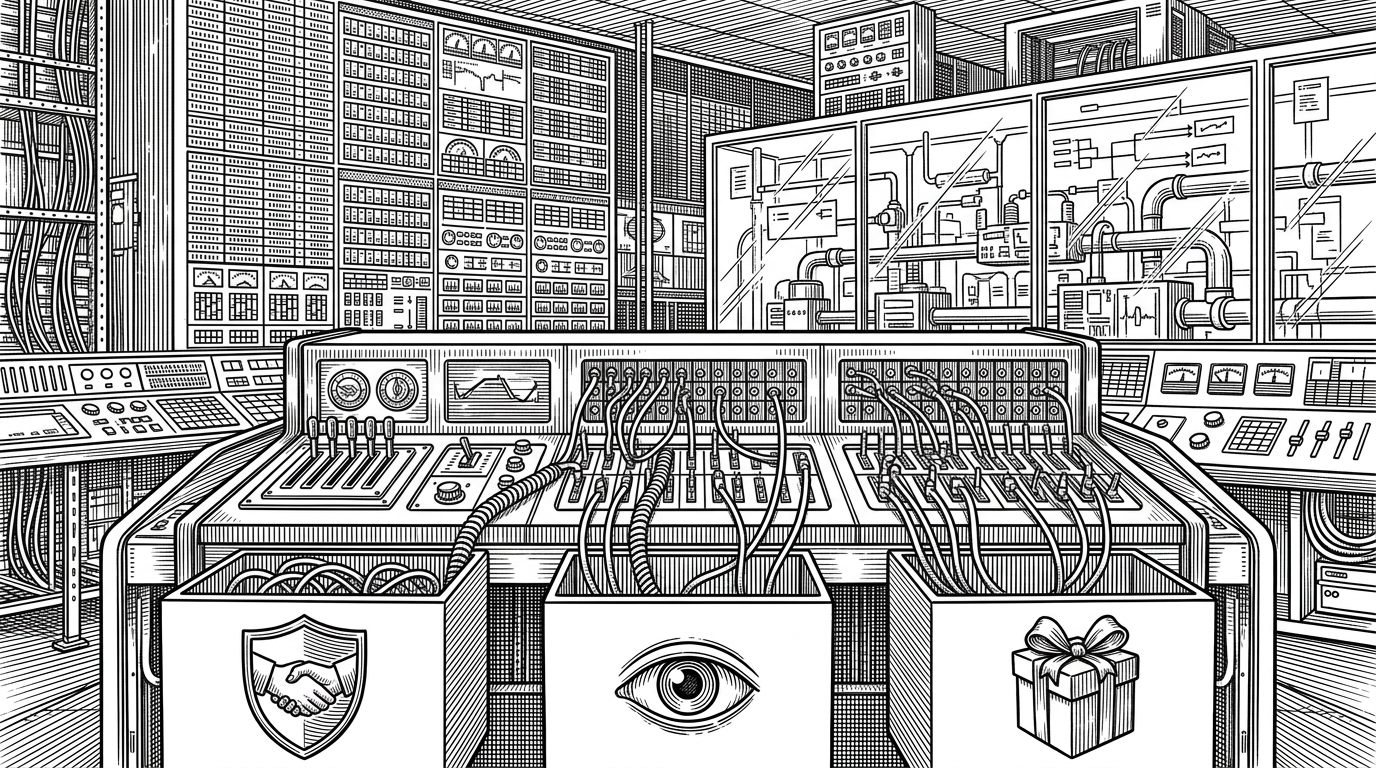 A control room made of ink and white space, with a central switchboard routing customer signals into three action bins. The scene explains the article’s core idea: analytics is only valuable here when it ends in a decision, not a score.