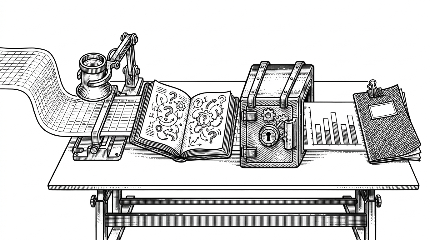 A wide black-ink editorial scene shows a raw CSV sheet entering a drafting table and emerging as a polished analytics pipeline. A schema lens inspects column headers, a notebook of generated questions feeds a sealed SQL gate, and charts plus a PDF report appear at the end. The image explains the article's core idea: analysis begins with the data shape, not a human prompt.