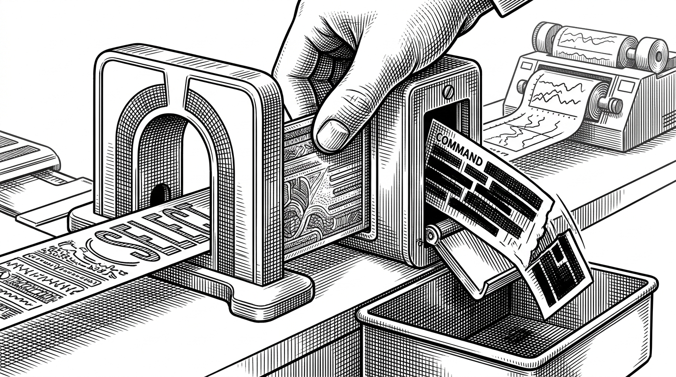 A close-up black-ink scene shows a schema card being fed into a validator slot. On one side, a green SELECT-only gate allows the query to pass. On the other side, a red crossed-out command fragment is rejected before it reaches the database. The image explains how the system treats Gemini as a proposer, not an authority.