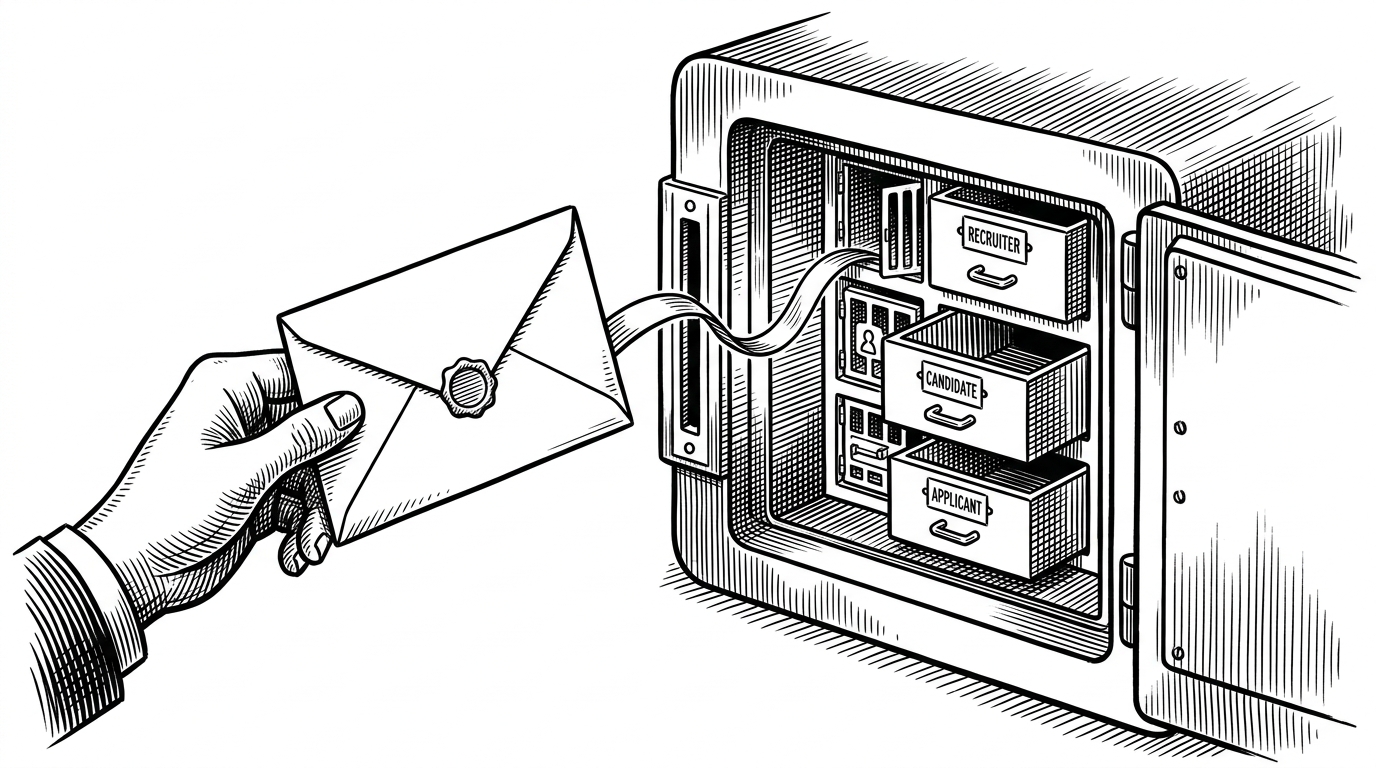 A close-up mechanical scene shows a sealed envelope labeled as an identity token being passed through a narrow slot into a vault. Inside, small gates open only for specific drawers, representing role-based access control. The image explains how Clerk-issued identity becomes Supabase permission context.
